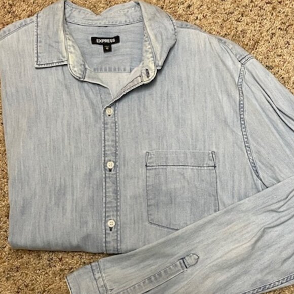 Express Light Blue Distressed Denim Long Sleeve Button Down – XL - Picture 3 of 6